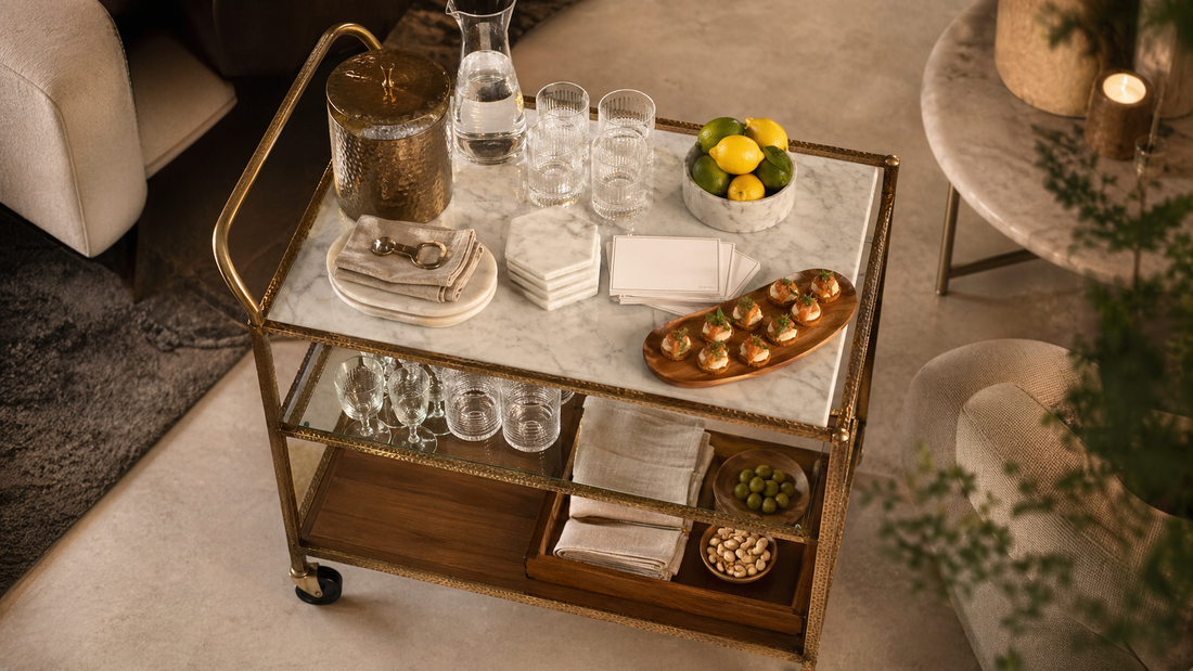 A composed 15-minute hosting setup with TATPUB glassware, marble coasters, teak tray, and hosting system.