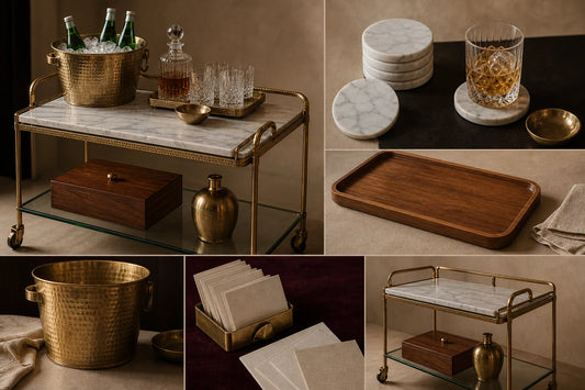 TATPUB accessory matrix with marble coasters, teak tray, brass ice bucket, hosting cards, and the Hosting System.