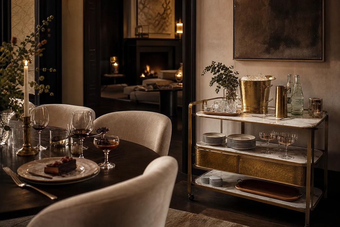 A TATPUB after-dinner service point beside a dining room with glassware, coasters, tray, and brass ice bucket.