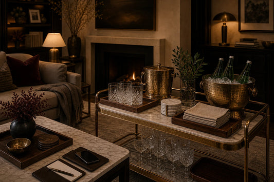 A TATPUB after-work hosting reset with glassware, water, marble coasters, brass ice bucket, teak tray, and linen napkins.