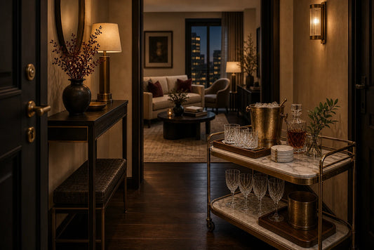 A TATPUB apartment entry-to-lounge hosting flow with clear walking path, hosting system, glassware, coasters, and tray.