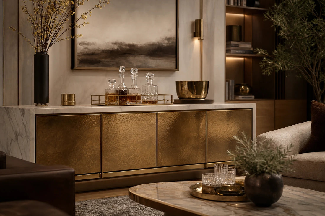 TATPUB architectural hosting system styled in a warm living room with marble, brass, glass, and teak details.