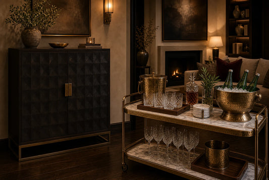 A refined room comparing a bar cabinet with the TATPUB Hosting System for hidden storage versus active service.