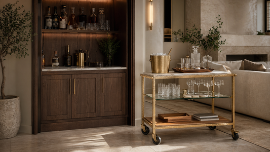 A luxury living room comparing a built-in bar cabinet with a mobile TATPUB marble and brass hosting system.