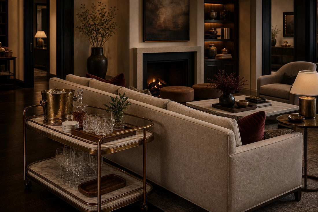 A TATPUB behind-the-sofa hosting service point with clear walking space, glassware, coasters, tray, and brass ice bucket.