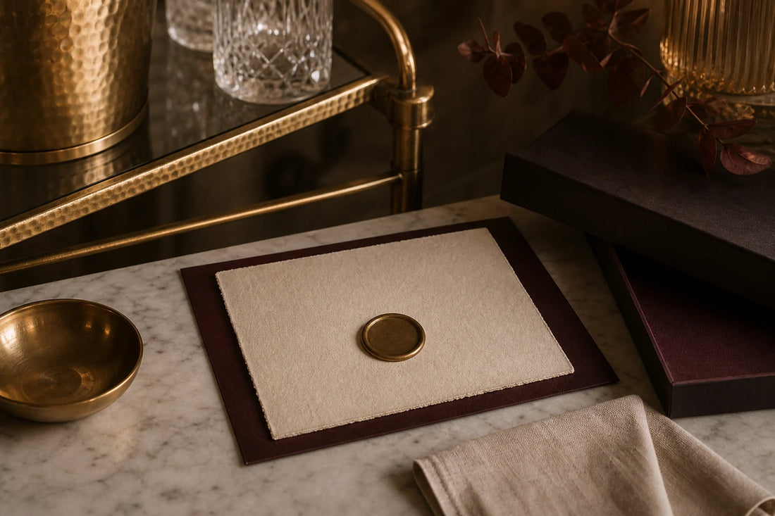 TATPUB Client Care materials with brass seal, linen paper, marble, and premium packaging details.