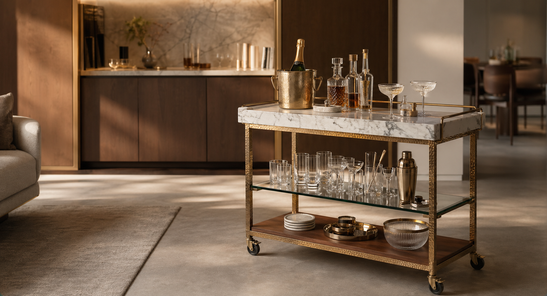 A refined open-plan room comparing a built-in cocktail station with a TATPUB marble and brass hosting system.