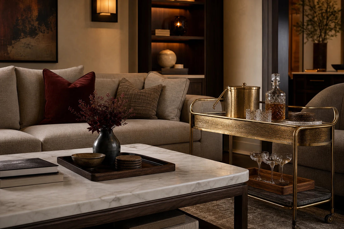 A clean coffee table with TATPUB hosting system nearby for drinks, coasters, ice bucket, and tray service.
