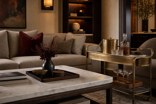 A clean coffee table with TATPUB hosting system nearby for drinks, coasters, ice bucket, and tray service.