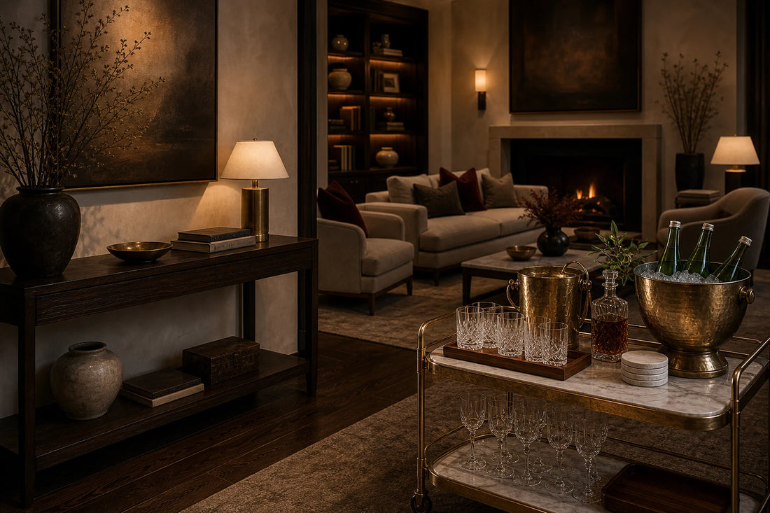 A refined room comparing a console table with the TATPUB Hosting System for active entertaining service.