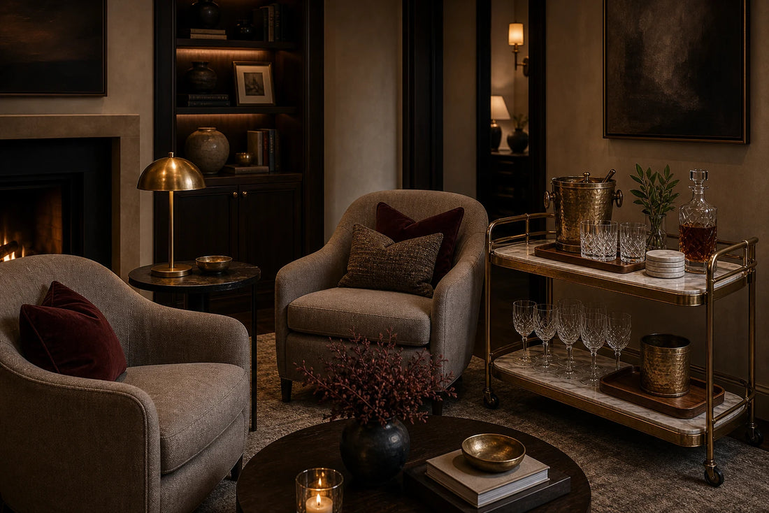 A TATPUB conversation corner with two chairs, hosting system, glassware, marble coasters, and teak tray.