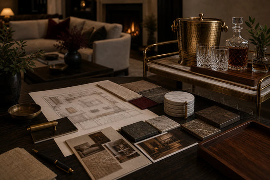 A TATPUB designer room brief scene with material samples, room plan, marble and brass hosting detail, coaster, and teak tray.