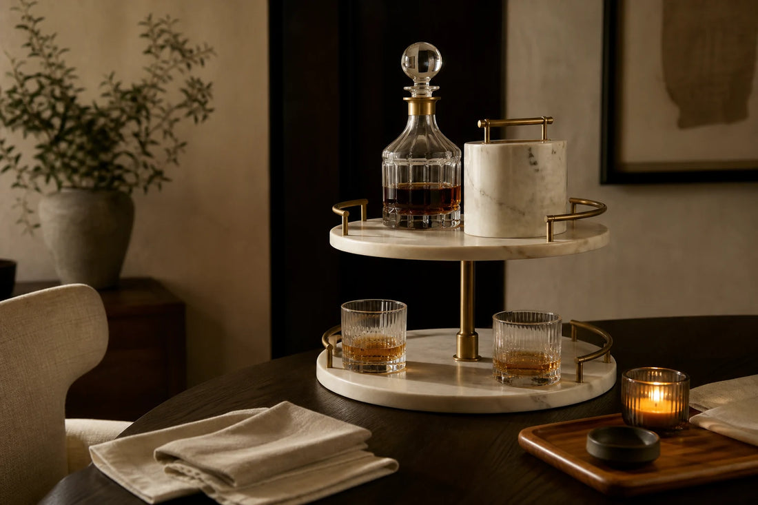 A calm home hosting setup with TATPUB hosting system, teak tray, glassware, and candlelight.