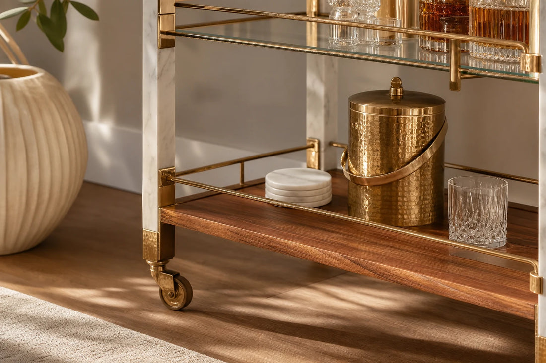 Close view of a high-end marble and hammered brass hosting system with refined materials and styling.