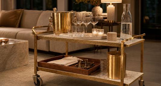 A calm hosting reset scene with the TATPUB marble and brass hosting system, coasters, teak tray, brass ice bucket, and glassware.