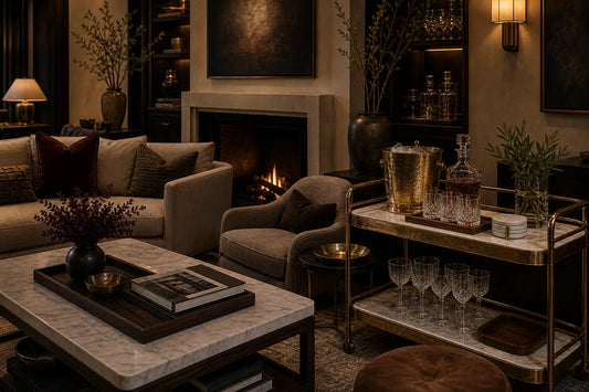 A formal living room with the TATPUB Hosting System, edited glassware, marble coasters, brass ice bucket, and teak tray.