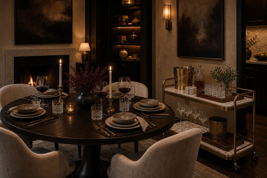A TATPUB four-person dinner hosting service point with glassware, marble coasters, brass ice bucket, teak tray, and linen napkins.