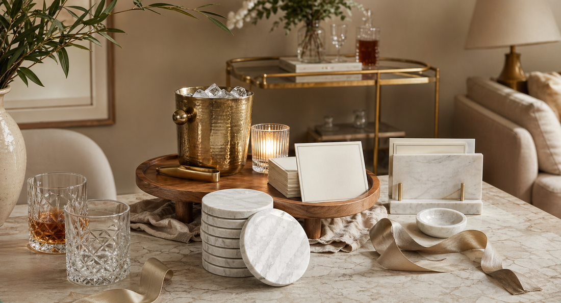 A premium hosting gift edit with TATPUB marble coasters, teak serving tray, hammered brass ice bucket, hosting cards, and glassware.