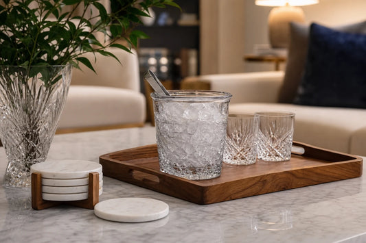 Glassware, ice bucket, marble coasters, and teak tray arranged on a TATPUB hosting system.