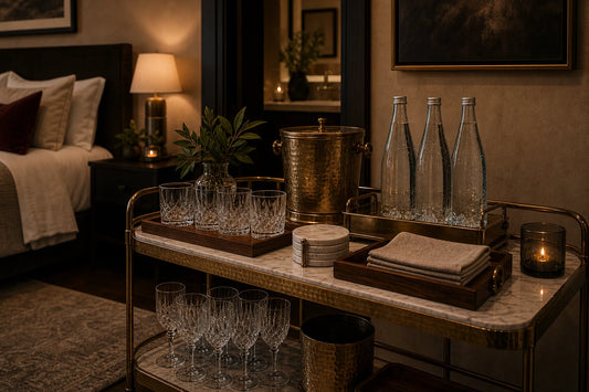 A TATPUB guest suite welcome station with water, glassware, marble coasters, teak tray, linen napkin, and warm lamp light.