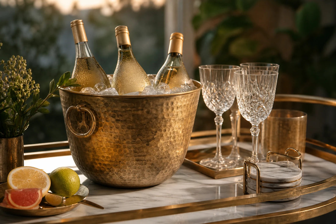A hammered brass ice bucket styled on the TATPUB hosting system with chilled bottles and marble coasters.