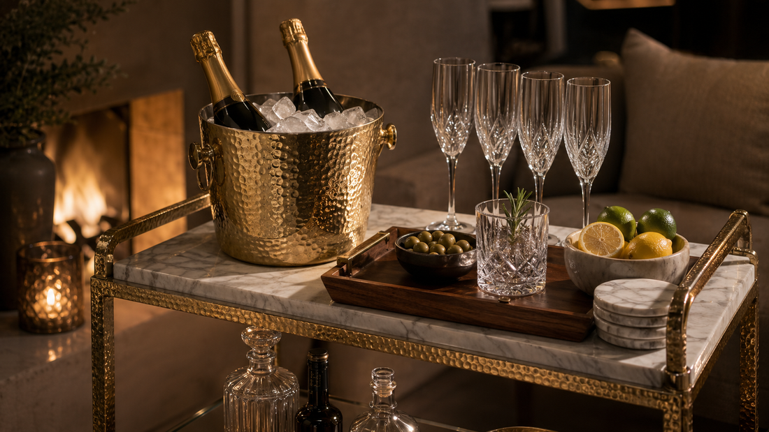 A hammered brass ice bucket styled on the TATPUB hosting system with chilled bottles and marble coasters.