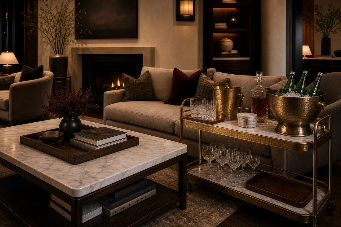 A TATPUB holiday hosting setup without theme decor using marble, brass, glassware, coasters, ice bucket, and teak tray.