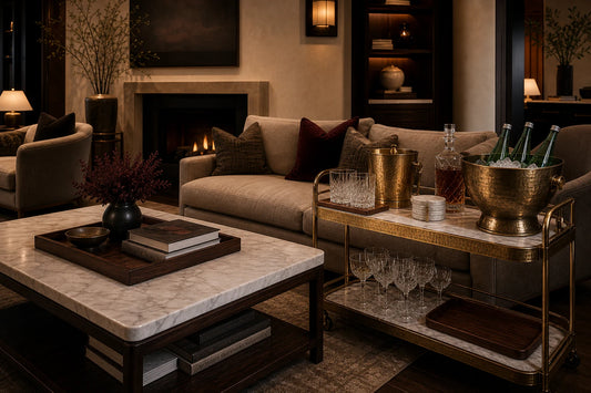 A TATPUB holiday hosting setup without theme decor using marble, brass, glassware, coasters, ice bucket, and teak tray.