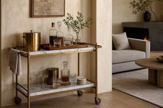 A refined home bar setup without renovation using the TATPUB Hosting System and accessories.