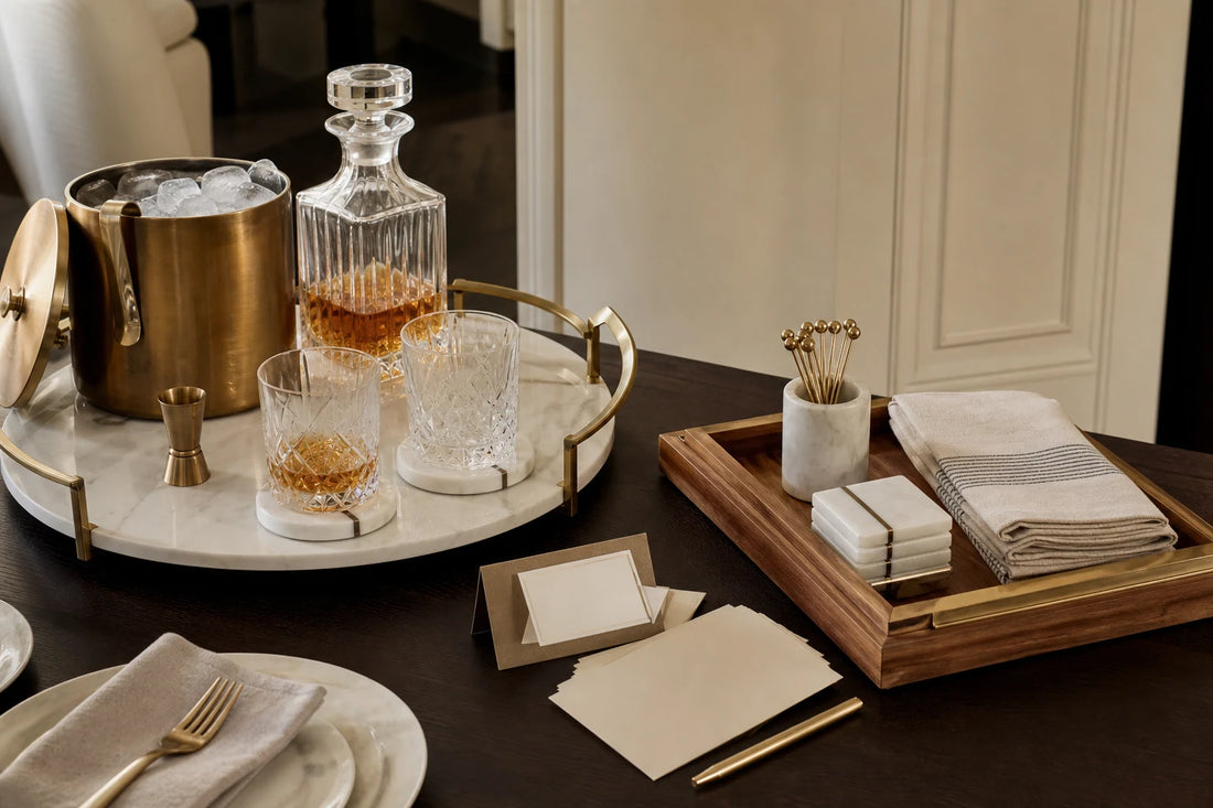 Home entertaining essentials with TATPUB hosting system, coasters, teak tray, brass ice bucket, and hosting cards.