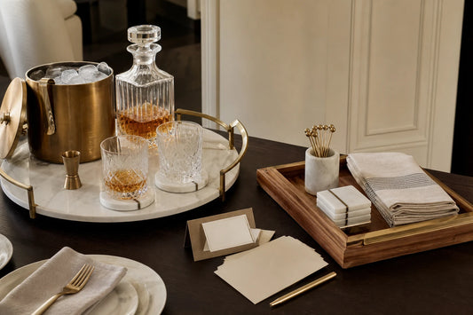 Home entertaining essentials with TATPUB hosting system, coasters, teak tray, brass ice bucket, and hosting cards.