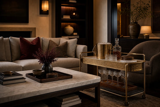 A TATPUB home lounge service point near seating with glassware, marble coasters, brass ice bucket, and teak tray.