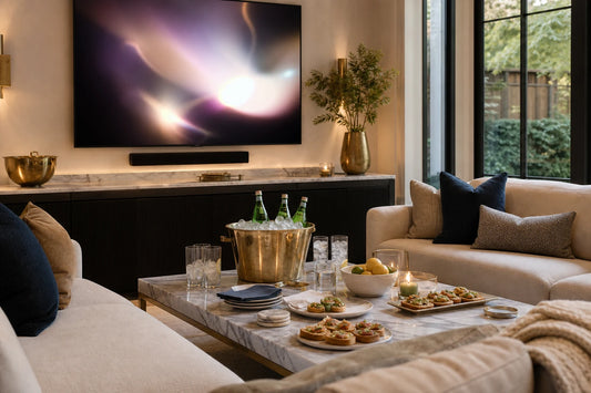 A home viewing party room setup with TATPUB hosting system, brass ice bucket, and marble coasters.