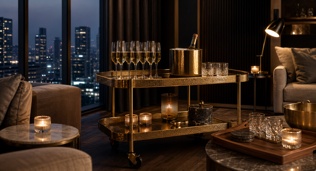 A private evening lounge with the TATPUB marble and brass hosting system, candlelight, glassware, and brass ice bucket.