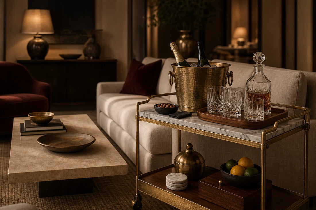 A furniture-grade TATPUB hosting object styled in a warm living room with marble, brass, glass, and teak.