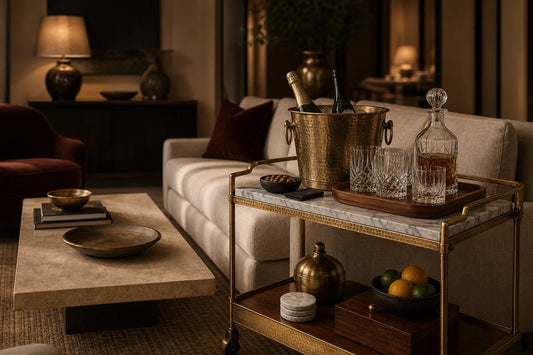 A furniture-grade TATPUB hosting object styled in a warm living room with marble, brass, glass, and teak.