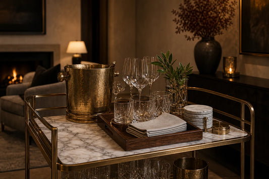 A TATPUB hosting reset zone with teak tray, used glasses, marble coasters, linen napkins, and brass ice bucket.