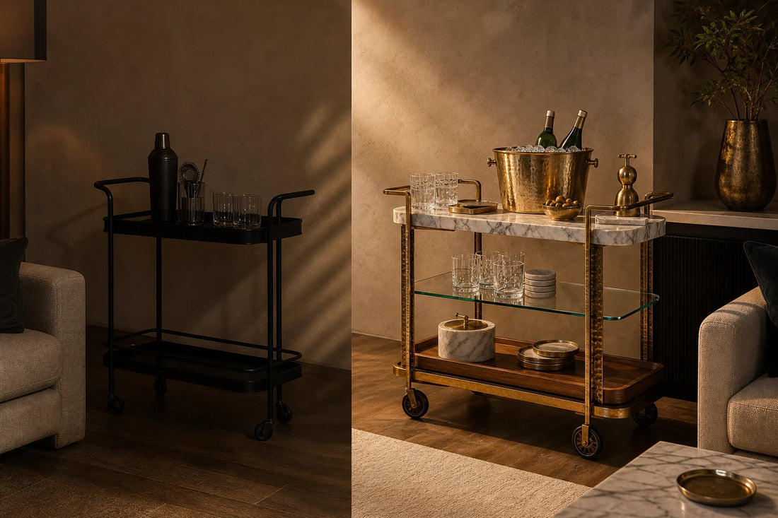 A premium living room comparison showing a simple bar cart beside the TATPUB architectural hosting system.