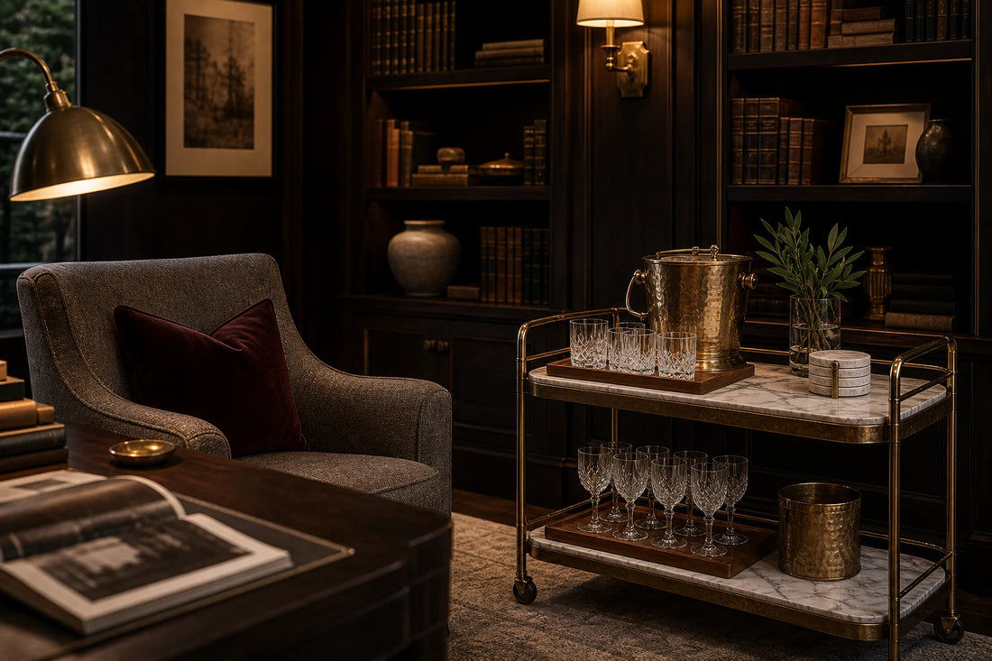 A quiet TATPUB library and den hosting setup with marble, brass, glassware, coasters, and a teak tray near lounge seating.