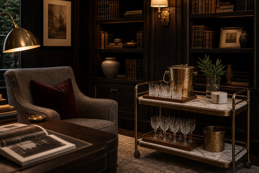 A quiet TATPUB library and den hosting setup with marble, brass, glassware, coasters, and a teak tray near lounge seating.