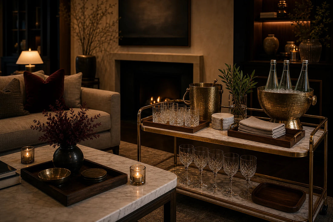 A TATPUB long evening hosting setup with chilled water, glassware, marble coasters, teak tray, and brass ice bucket.