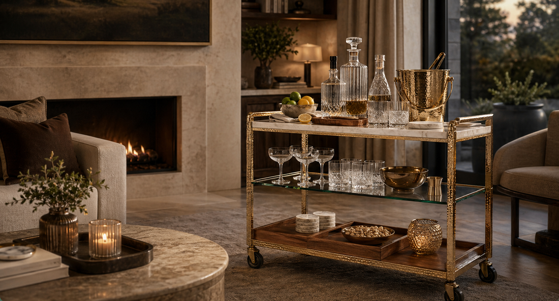 A luxury marble and brass bar cart styled in a high-end American living room.
