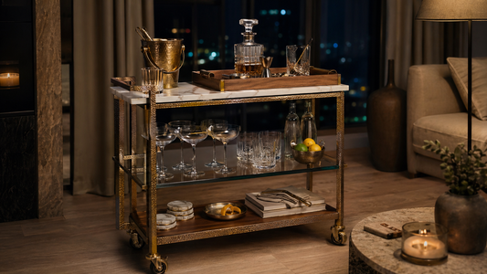 A quiet-luxury home bar setup with the TATPUB hosting system, teak serving tray, marble coasters, and brass ice bucket.