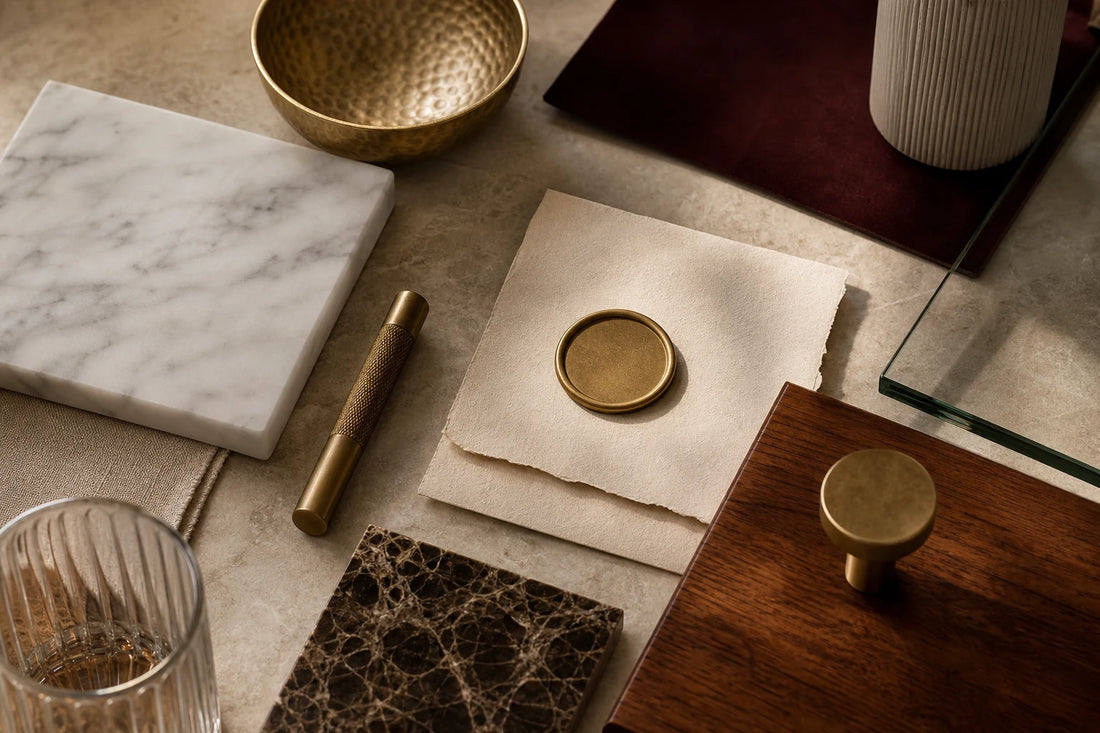 TATPUB material storytelling with marble, hammered brass, tempered glass, teak, linen paper, and brass seal.