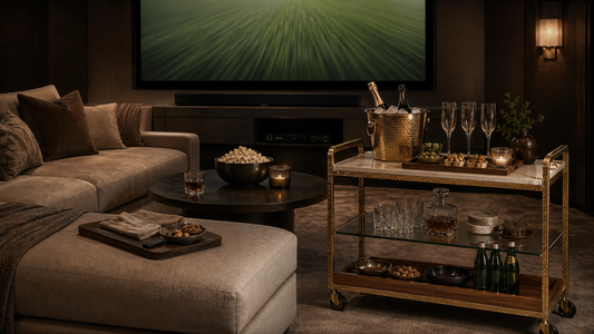 A media room entertaining setup with TATPUB hosting system, brass ice bucket, and glassware beside a sofa.