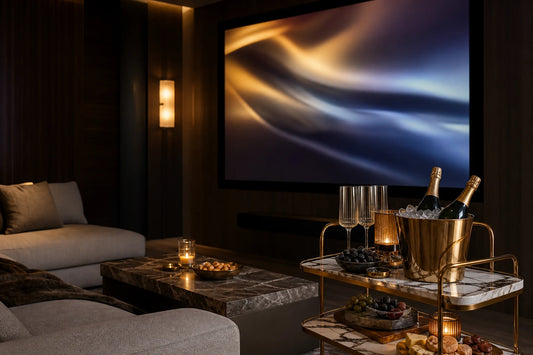 A media room hosting setup with TATPUB hosting system, brass ice bucket, and glassware beside a sofa.
