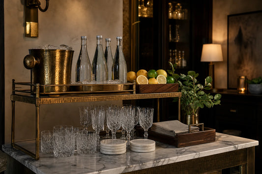 A non-alcoholic TATPUB hosting station with sparkling water, citrus, glassware, marble coasters, teak tray, and brass ice bucket.