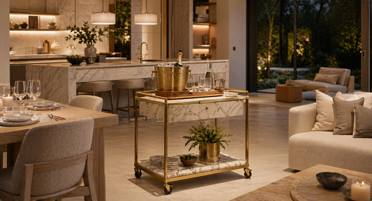 An open-plan home with the TATPUB marble and brass hosting system connecting kitchen, dining, and living spaces.