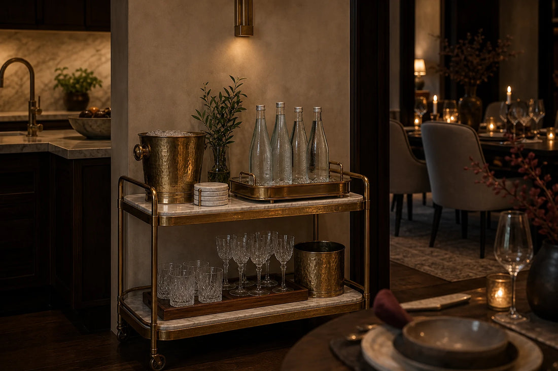 A TATPUB pre-dinner drink station between kitchen and dining with glassware, water, coasters, tray, and brass ice bucket.
