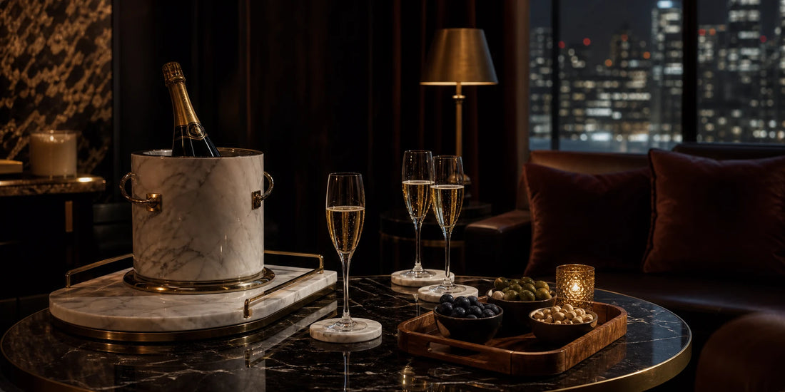 A private evening hosting setup with TATPUB marble and brass hosting system, teak tray, and candlelight.